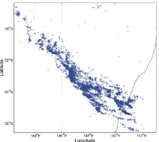 Fig. 7. The positions of the 6603 unmatched locations from the WWLL data set (blue circles), in the same format as Figs