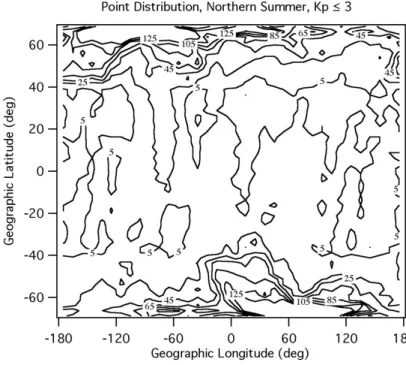 Fig. 1. Contour map showing number of data samples in AE-C composition data for northern summer, K p ≤ 3.