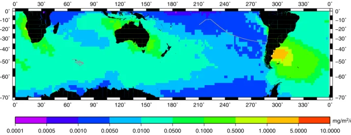 Figure 6. Average dust deposition between April 2004 and March 2005 over the Southern Hemisphere.