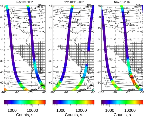 Fig. 2. Geographic locations of X-ray counts (60–150 keV) during two consecutive CORONAS-F orbits dis- dis-played in each panel, the times of which are shown in hours and minutes, UT