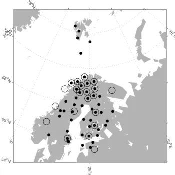 Fig. 1. Location of magnetometer sites used for the derivation of the original source currents (black dots) and the location of sites used for the derivation of the currents used in the comparison (circles).