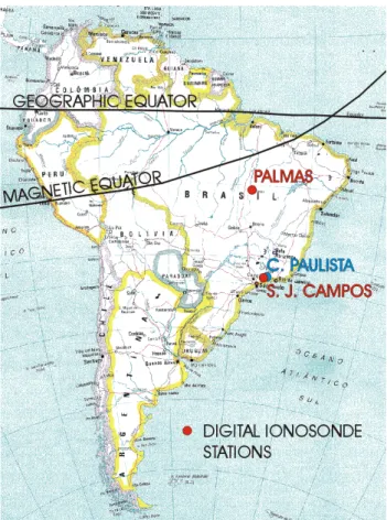 Fig. 1. A map showing the locations of the ionospheric sounding stations Palmas and Sao Jose dos Campos