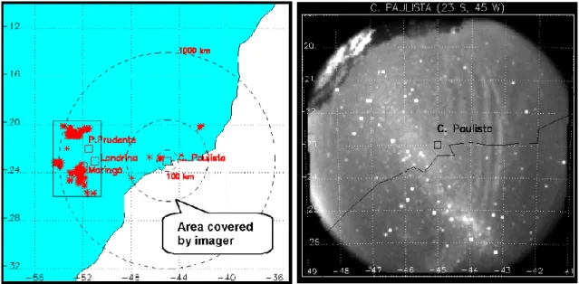 Fig. 11. The left-hand panel shows the location of the airglow imager and tropical storms (detected via lightning strikes), and the right-hand panel shows the GW-modulated airglow emission (Medeiros, personal communication).