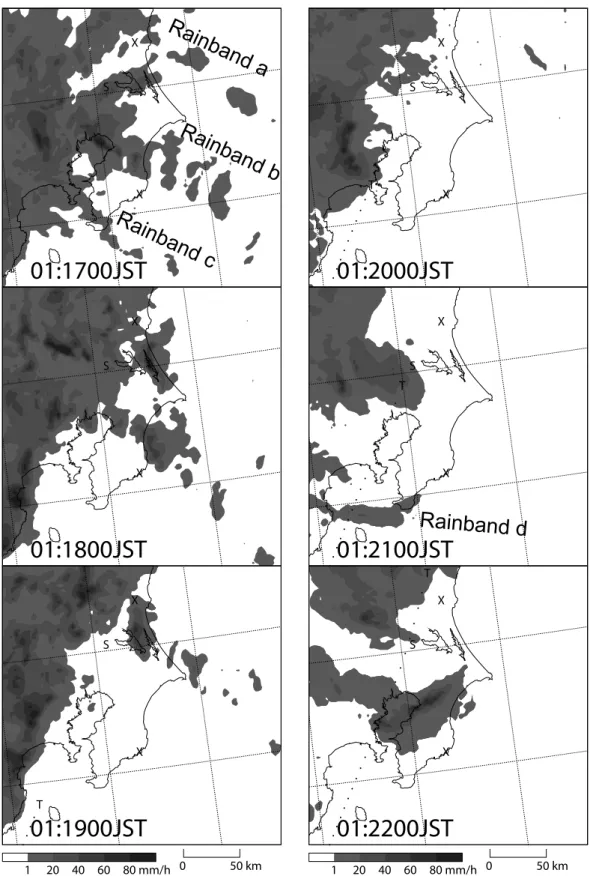 Fig. 4. Hourly maps of C-band radar reflectivity at the 2-km level observed during the period 17:00 to 22:00 LT