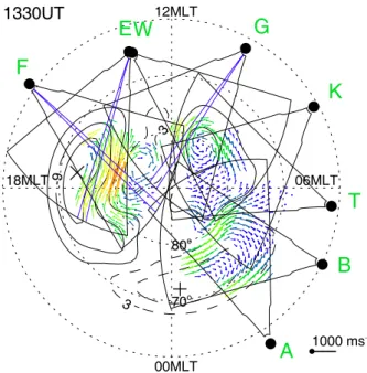 Fig. 1. Fields of view of the eight Northern Hemispheric Super- Super-DARN radars overlaid on the potential map at 13:30 UT, the middle time of the considered interval in this paper