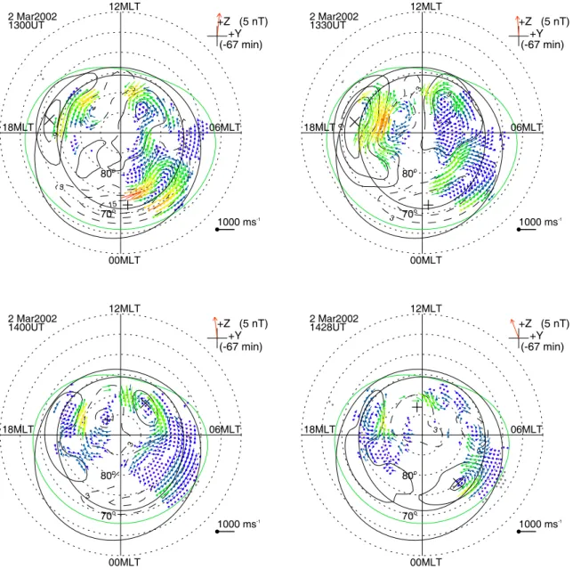 Fig. 3. Streamlines and vectors of the ionospheric flows derived from the Northern Hemispheric SuperDARN velocity measurements shown on geomagnetic grids, obtained from the “map potential” algorithm
