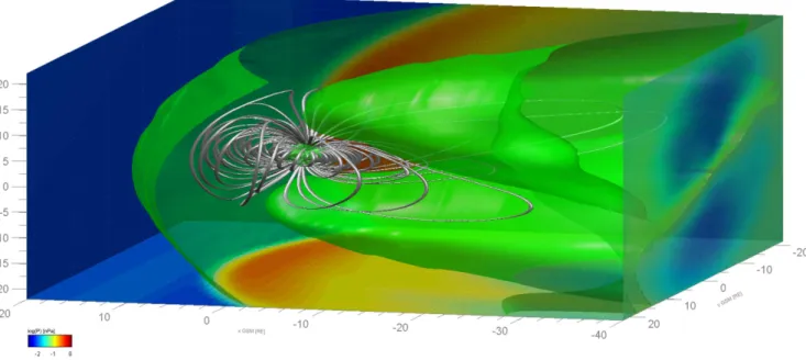 Fig. 4. 3-D representation of the global magnetic field lines of a BATS-R-US run for the 8 October 2005; 08:05 UT