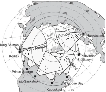 Fig. 1. A map showing the Northern hemisphere SuperDARN radar locations (bold squares), their FoVs (circular sectors), and the magnetometer locations (solid dots)