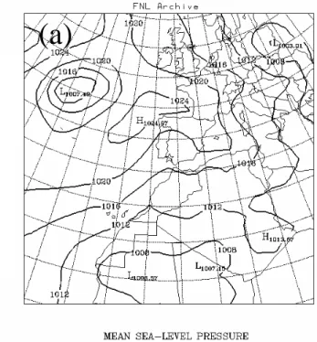 Fig. 8. Synoptic weather conditions in the study area on 29 July, given by the surface pressure, and 700 mb maps generated by the NOAA FNL archive.