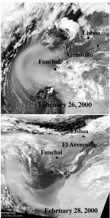 Fig. 1. (a) SeaWiFS sensor image for 26 February of year 2000, showing a Saharan desert dust outbreak spreading out over the Atlantic Ocean and southwestern region of the Iberian Peninsula; (b) image for 28 February where the dust plume reaches the Iberian
