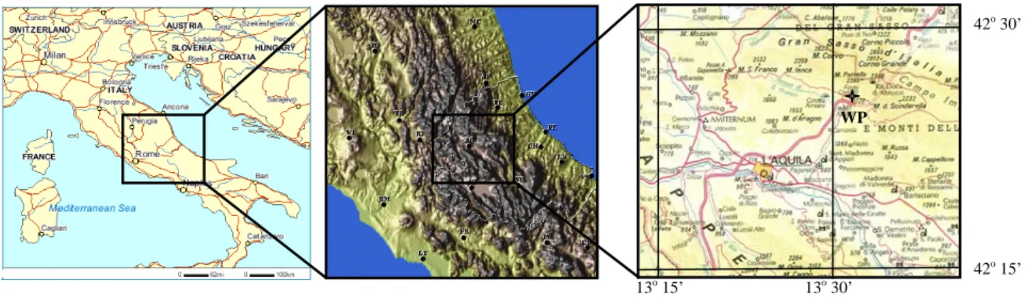 Fig. 1. Map of the Assergi site. The altitude of the region in the right panel ranges between 700 and 2912 m ASL