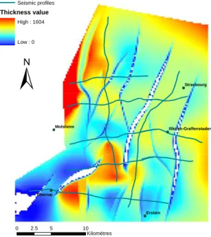 Figure 9: Thickness map of the Buntsandstein with a  200m mesh for Model B (see Figure 7)