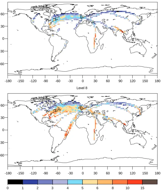 Fig. 3. Mean standard deviation of relative humidity in %.  Mid-level pressures are 190 hPa for level 7 and 250 hPa for level 8