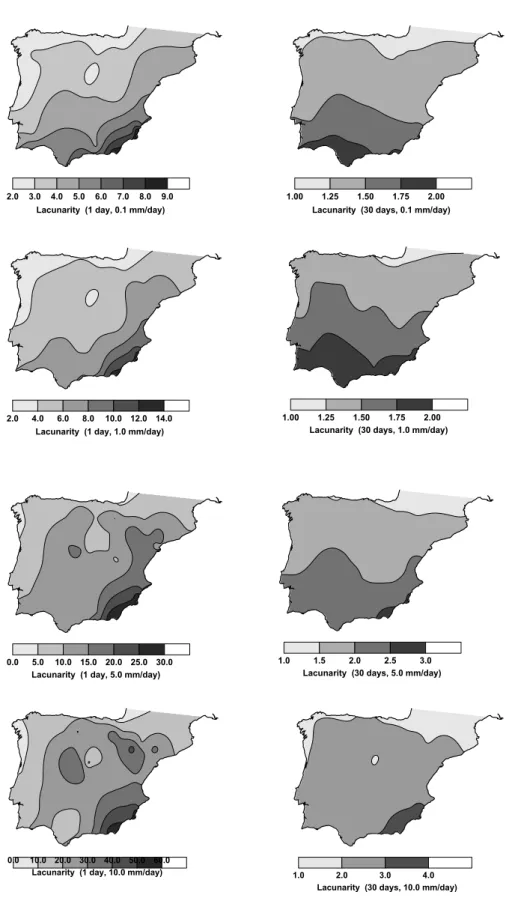 Fig. 4. Spatial distribution of the lacunarity for daily amount thresholds of 0.1, 1.0, 5.0 and 10.0 mm/day and window lengths of 1 and 30 days.