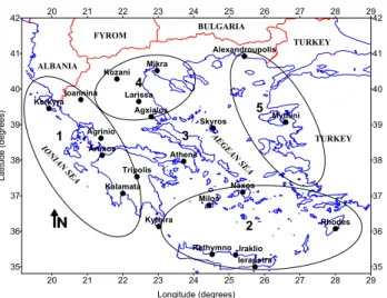 Figure 1. Network of meteorological stations and the regions with common precipitation 