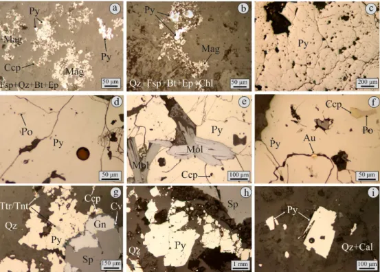 Figure 7. Reflected light photomicrographs of pyrite and associated opaque minerals from different mineralization events in the Pagoni Rachi prospect