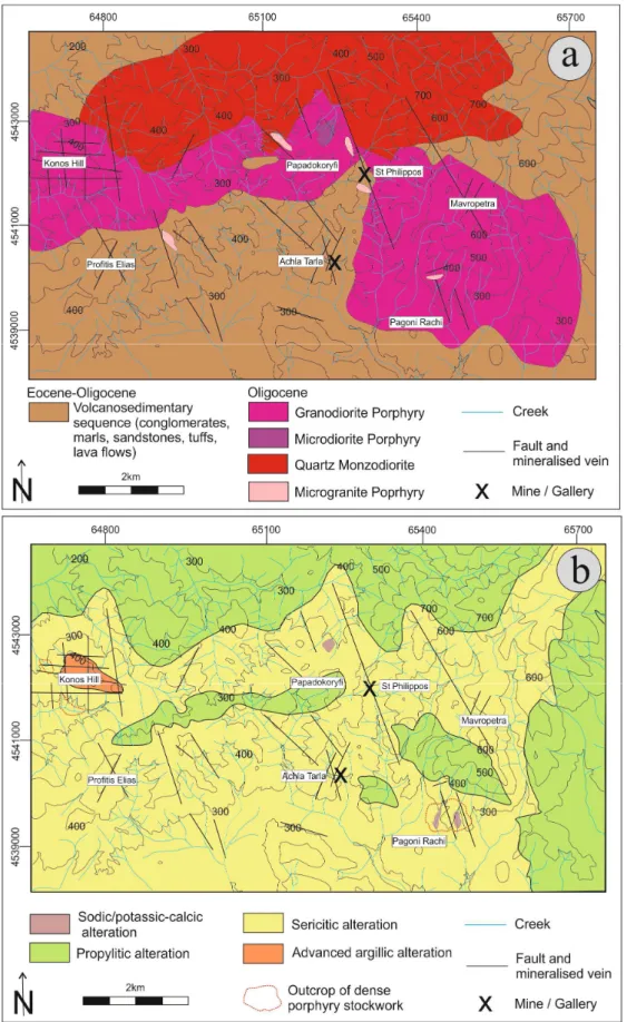 Figure 2.  Geological (a) and alteration (b) map showing the location of the Konos Hill and Pagoni  Rachi porphyry-epithermal prospects, among other mineralization occurring in the Sapes-Kirki area