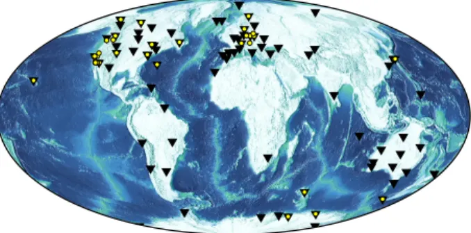 Figure 1: Map of the selected 83 GPS stations with time duration 19.8 years (Network 1, black triangles), and of the 38 GPS stations used by Ding &amp; Chao (2018) (Network 2, yellow circles).