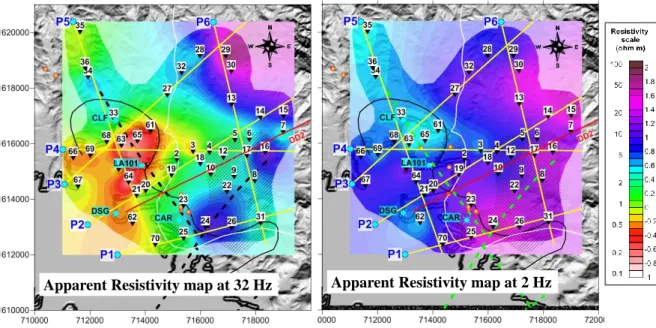 Figure 1: Left, apparent resistivity map (CSEM 2013), from the in-phase Electric field component, TX Frequency 32  Hz, (/2 = 141 m) and right TX frequency 2 Hz (/2 = 562 m), both normalization by MAMx2-400m, 5 .m,  at corresponding frequency