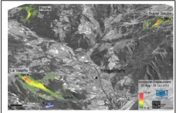 Fig. 4  Ubaye valley and major landslides around the city of  Barcelonnette  (French  Southern  Alps):  Poche,  Super  Sauze  and La Valette landslides (Stumpf et al