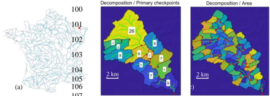 Fig.  1.  (a):  Location  in  France  (red  point);  (b):  Decomposition/checkpoints;  (b)  Load-Load-108 