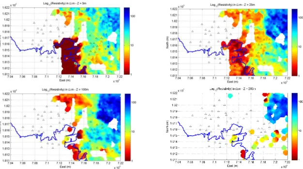 Figure  2  shows  resistivity  maps  recovered  at  5m,  25m,  100m  and  200m  depth  over  the  area  of  interest
