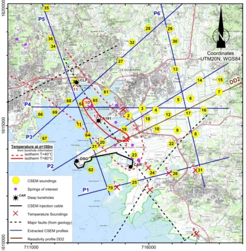 Figure  1: tiré de Wawrzyniak et al., 2015.  Carte  du  prospect  du  Lamentin.  Légende:  a)  cercles  jaunes  :  stations  de  mesures  CSEM    b)  billes magentas : sources chaudes, c)  étoiles noires : forages profonds Pointe Desgras (DSG), Carrère (CA