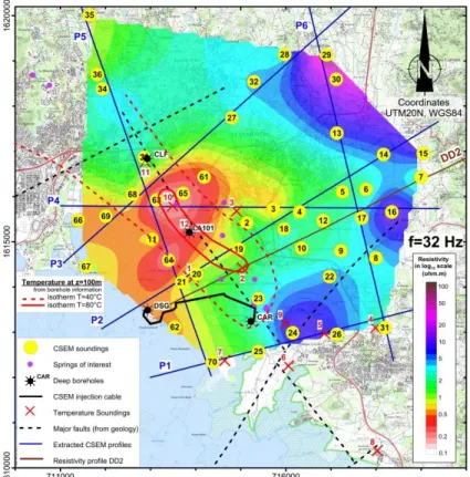 Figure  3:  tiré  de  Wawrzyniak  et  al.,  2015.  Carte  de  résistivité  apparente  à  32  Hz,  d’après  le  champ  électrique  en  phase  mesuré  aux  stations numérotées sur la carte (billes jaunes), pour une fréquence d’injection de 32 Hz, et une norm