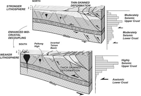 Figure 12. Three-dimensional bloc diagrams of the Taiwan foreland showing relationships between variations of structural styles (thin or thick skinned) and the strength of the deflected Eurasian plate.