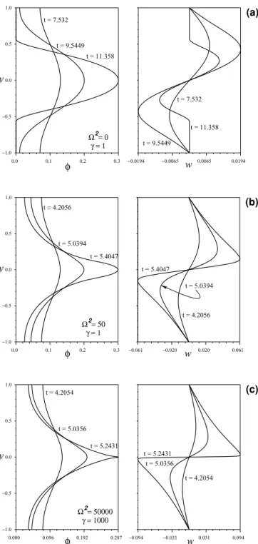 Figure 2. Profiles of porosity φ and transverse velocity w for different times (as indicated) and parameter values  and γ (also indicated)