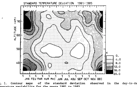 Fig.  1.  Contour  maps  of  the  standard  deviation  observed  in  the  day-to-day  temperature  variability  for  the  years  1981  to  1985