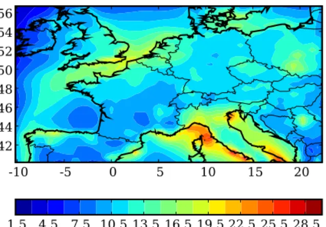 Fig. 5. Map of the relative standard deviation of the ensemble, that is, spatial distribution of the ensemble spread