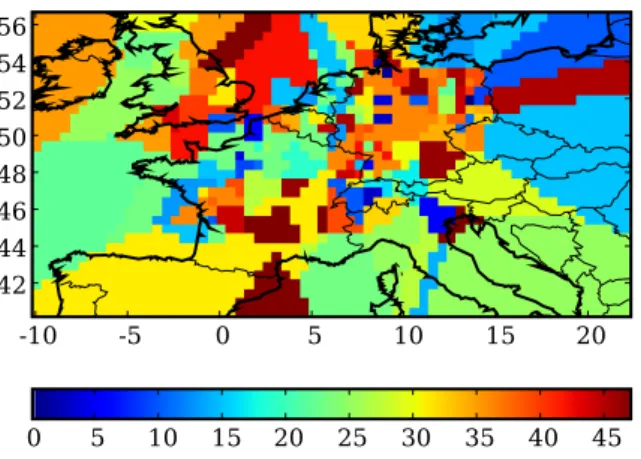 Fig. 6. Map of best model indices. In each cell of the domain, the color shows which model (marked with its index, in J0, 47K) gives the best ozone peak forecast on 7 May 2001 at the closest station to the cell center