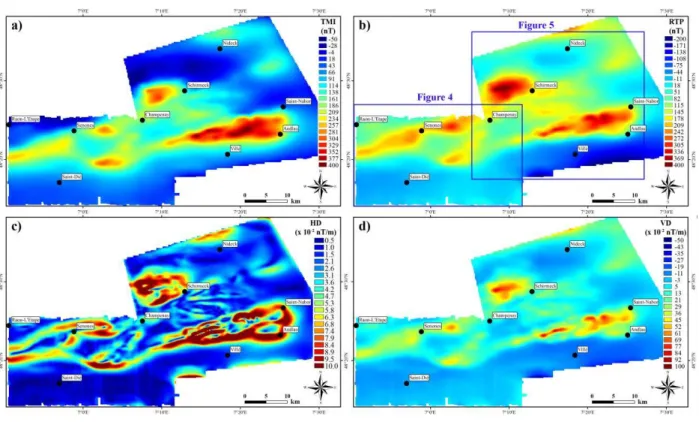 Figure  3.  Computed  aeromagnetic  maps  at  1400  m  altitude:  a)  Total  Magnetic  Intensity  anomalies (TMI), b) Reduction to the Pole (RTP), c) Horizontal derivative of the RTP (HD)  and d) Fractional vertical derivative of the RTP (order 0.5, VD)