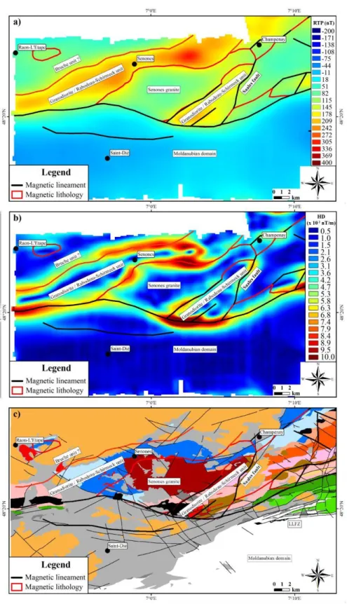Figure 4. Structural and lithotectonic interpretations of the Western block, a) on the RTP map,  b) on the HD of the RTP map and c) overlain on the geological map