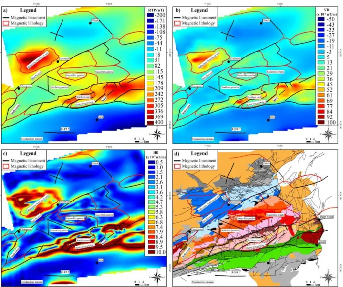 Figure 5. Structural and lithotectonic interpretations of the Central and Northern blocks, a) on  RTP map, b) on Fractional vertical derivative map, c) on the HD of the RTP and d) overlain on  the geological map