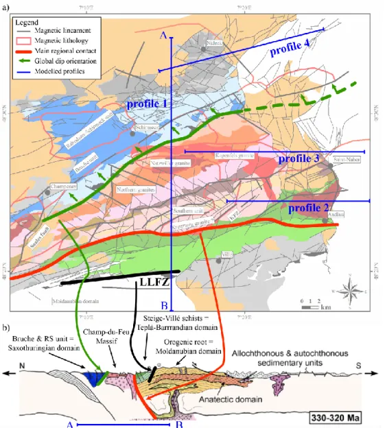 Figure 6. a) Geological map of the Central and Northern block with interpretation of the main  lineaments and correlation with b) the tectonic reconstitution of the Northern Vosges (modified  after Skrzypek, 2011)