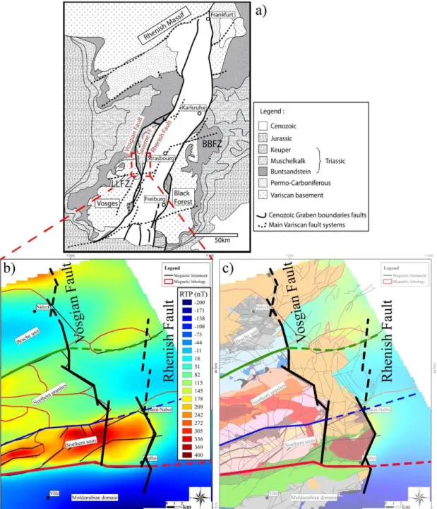 Figure 8. a) General map of the URG with the main structural features: Vosgian and Rhenish  faults, Saverne FF: Saverne Fractured Field, LLFZ: Lalaye-Lubine Fault Zone, BBFZ: Baden-  Baden  Fault  Zone  (modified  after  Bossennec  et  al.,  2018),  zoom-i