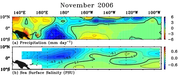 Fig. 4. Monthly anomalies of (a) rainrate and (b) sea surface salinity for November 2006