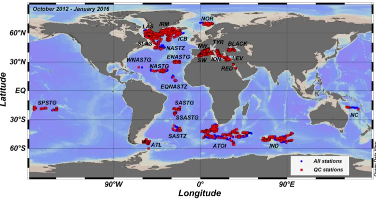 Figure 1. The 9837 stations sampled by 105 Biogeochemical Argo ﬂoats between October 2012 and January 2016