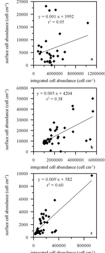 Figure 7. Ionian Sea. Comparison of integrated (0 – 130 m) cell numbers of (a) Prochlorococcus (n = 28), (b) Synechococcus (n = 37), and (c) picoeukaryotes (n = 37) with cell numbers at the surface (5 m)