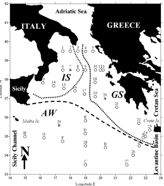 Figure 1. Map of the Ionian Sea with stations sampled from 20 April to 10 May 1999. Stations from 1 to 29 were sampled onboard the R/V Urania (EMTEC cruise), stations from A to H were sampled onboard the R/V Meteor, during a cruise covering the entire east