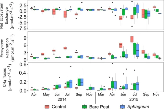 Figure 2: Net ecosystem exchange, ecosystem respiration and CH 4  fluxes for the three treatments (control, bare peat and Sphagnum) in upstream  and downstream stations (the two stations were pooled: n=8) 