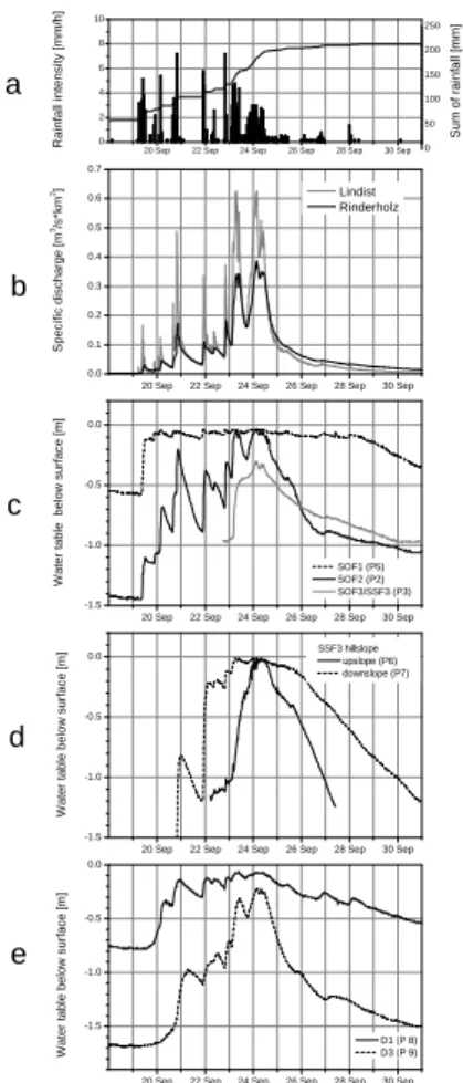 Fig. 3. Rainfall (a), catchment runoff (b) and soil-water levels measured in different process areas (c)–(e) in the Lindist and Rinderholz sub-catchments during the September 2002 flood event.
