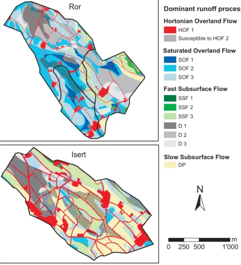 Fig. 6. Maps of dominant runo ff processes in the Ror and Isert catchment produced with set of rules given in Fig