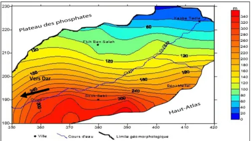 Figure 1 : Carte des isopaques de la formation éocène du bassin de Tadla.  