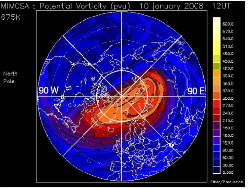 Fig. 2. Potential vorticity map calculated by the MIMOSA high-resolution advection model at 12:00 UT on 10 January 2008 at 675 K (about 27 km)