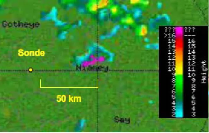 Fig. 6. Enlargement of MIT C-band radar cloud top height image at 20:31 UT on 23 August