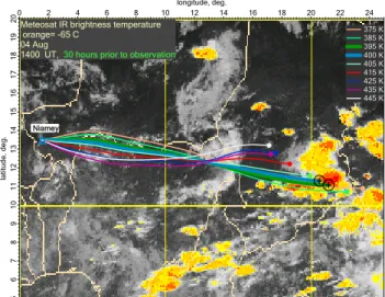 Fig. 3. 30 h backward trajectories ending between 375 and 445 K at the sonde location at 20:00 UT on 5 August superimposed on MSG 10.8 µm brightness temperature image at 14:00 UT on 4 August.