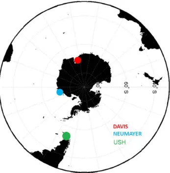 Fig. 11. Geographic locations of the three ground based stations used for the IASI/ozone sonde profile comparison; Davis in red, Neumayer in blue and USH in green.
